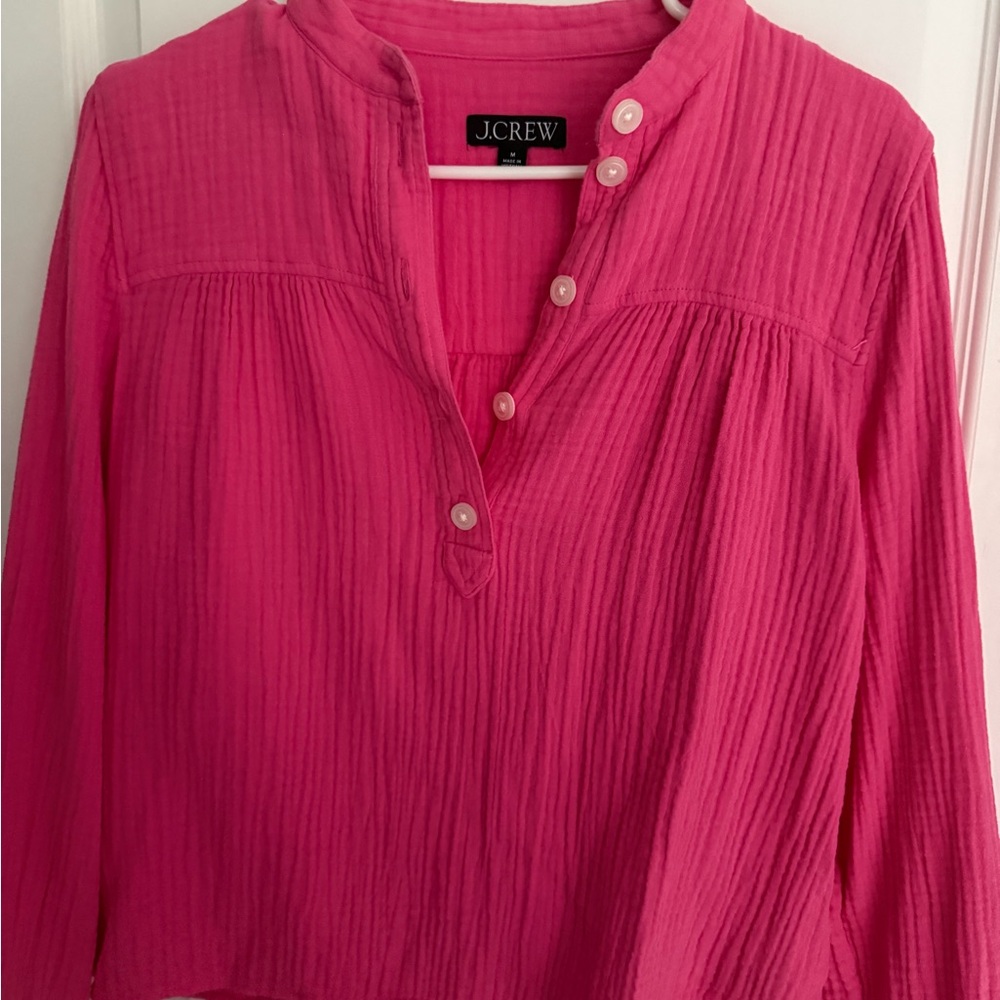 J. Crew Hot Pink Crinkled Button Henley Blouse